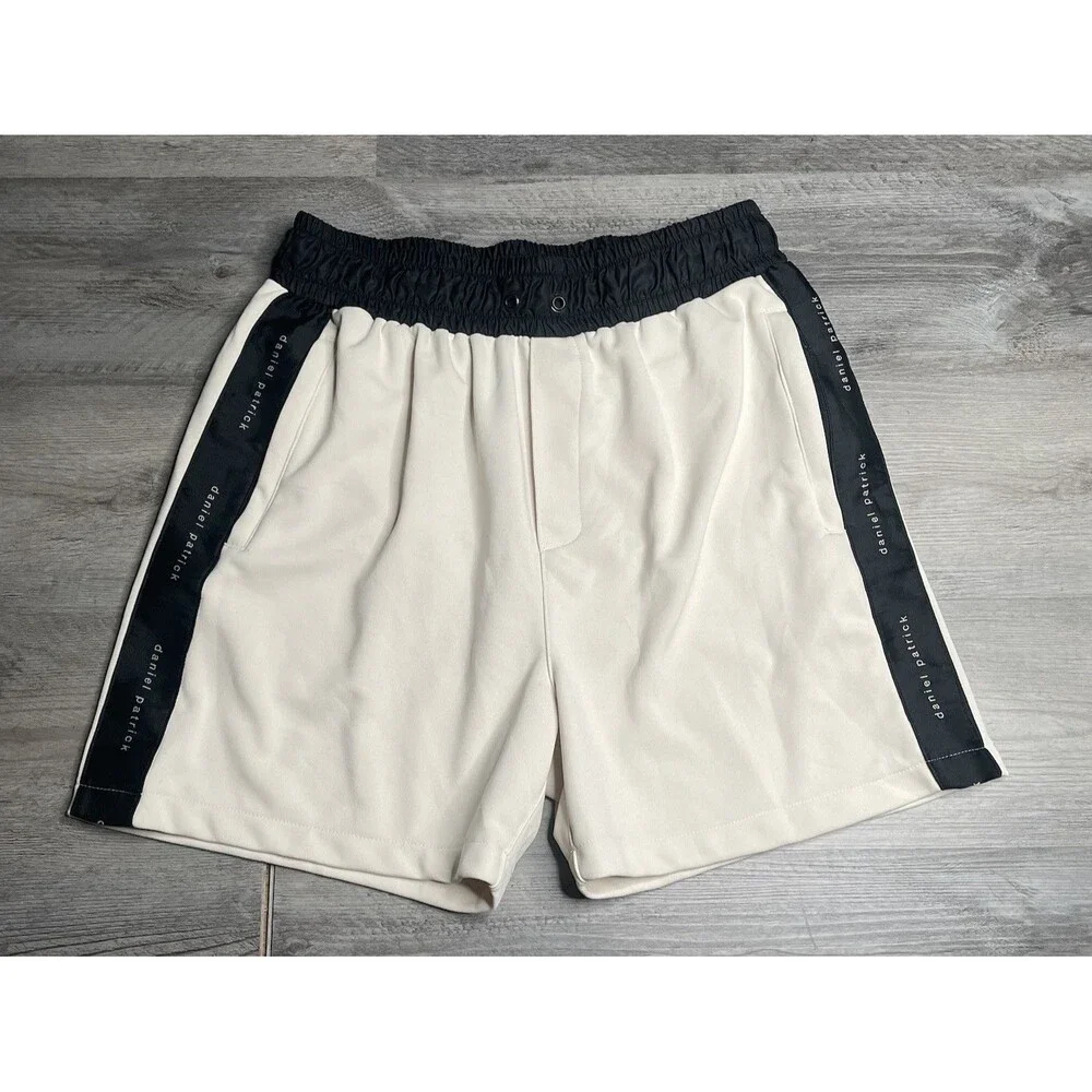 Daniel Patrick Men's Classic Gym Shorts Ivory Black Track Side Stripe Size XL